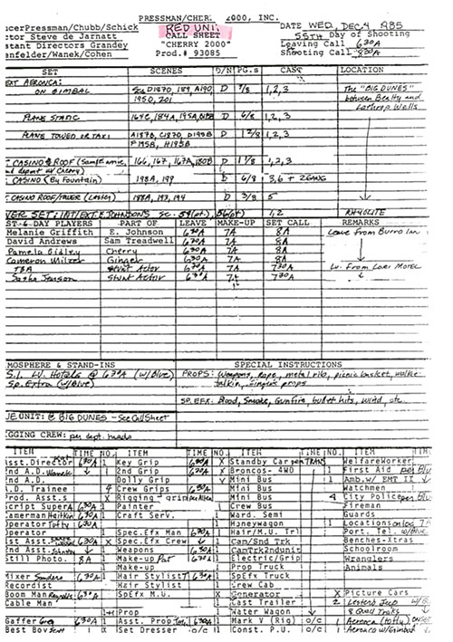The Dec. 4, 1985, call sheet for filming at Amargosa Big Dune. ©Steve De Jarnatt