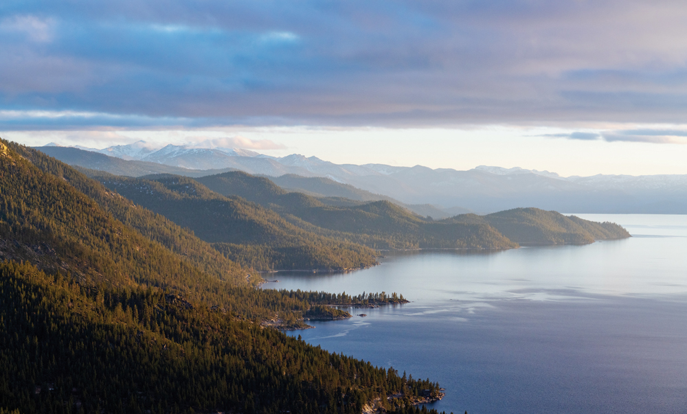 Aerial shot of Lake Tahoe shoreline.