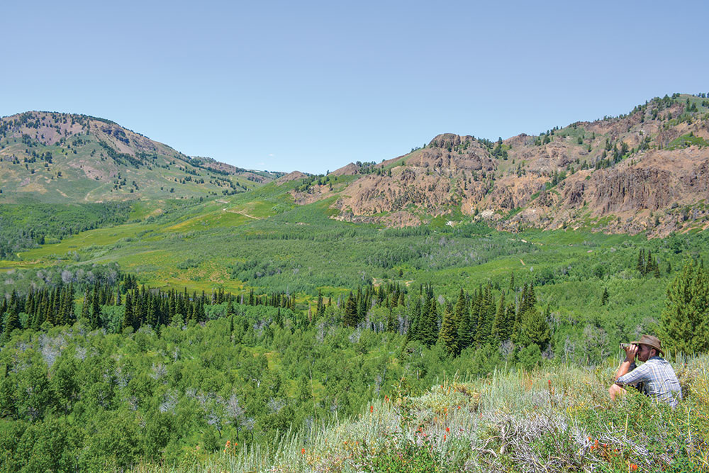 A young man sits in the grass at the edge of a canyon, looking out with binoculars