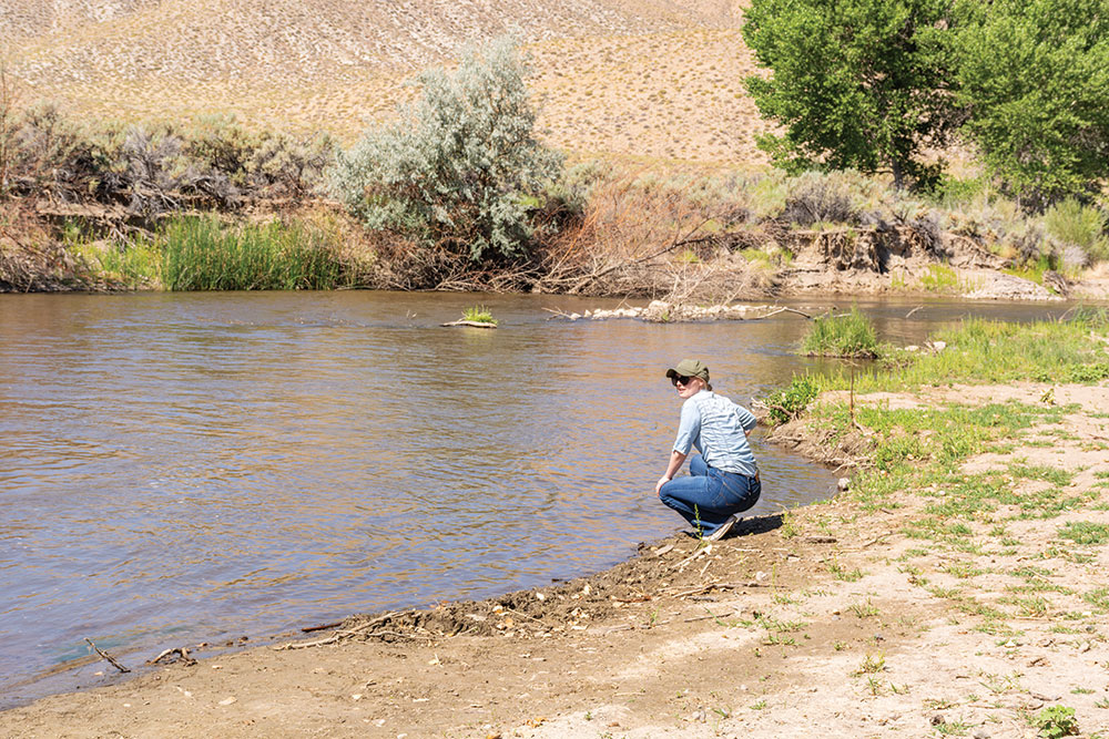 A young woman crouches down along the shoreline of the Walker River.