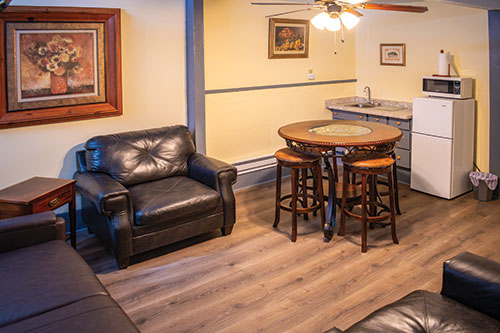 Inside of a room at Magnolia Gallery & Inn, sink, refrigerator, table, chairs, sofa