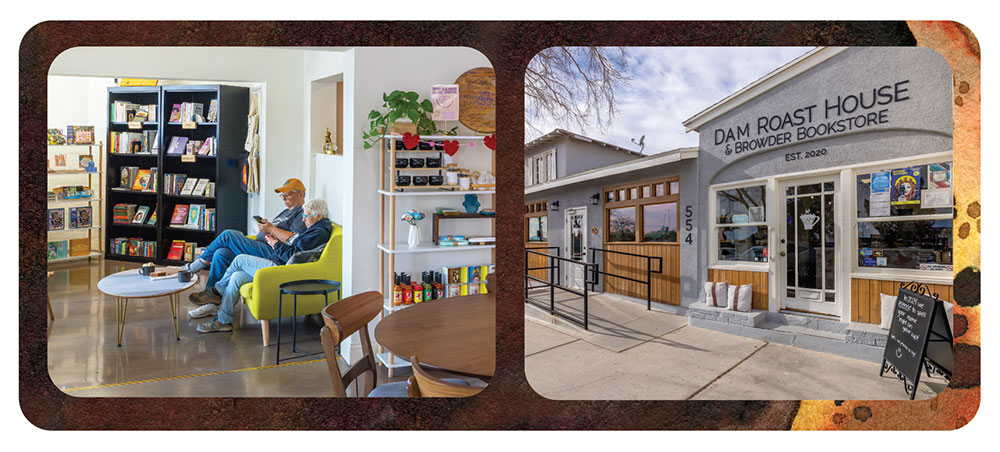An older couple sits on a couch near bookshelves, enjoying their coffee while reading and The exterior of Dam Roast House & Browder Bookstore