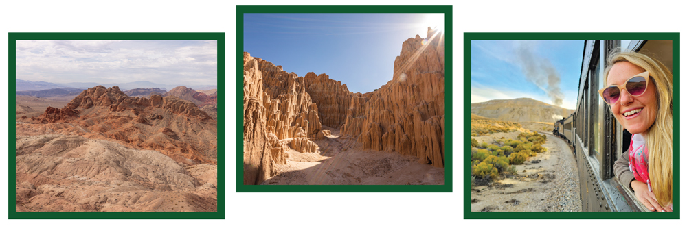 Left: Lake Mead National Recreation Area. Middle: Cathedral Gorge State Park. Right: Woman on a Nevada Northern Railway train.