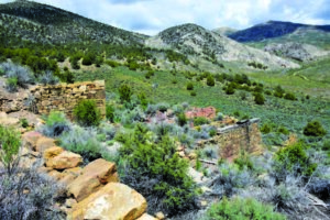 Stone ruins sit quietly surrounded by shrubs and hills under a partly cloudy sky in a mountainous landscape.