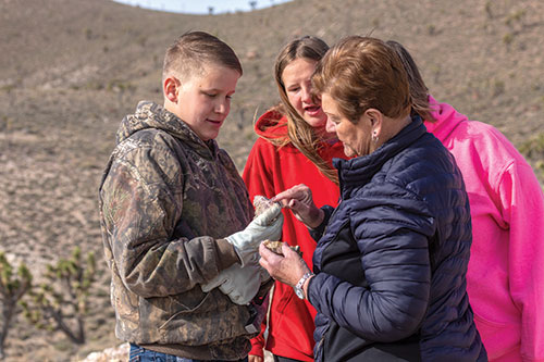 A family (mom, grandma, two teenagers) looking at a rock while rockhounding in Gemfield.