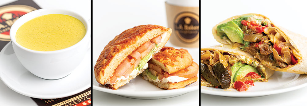 Gold Latte, Wake up bagel, and California grilled veggie wrap from LA Bakery Café & Eatery. Photos ©Olga Miller
