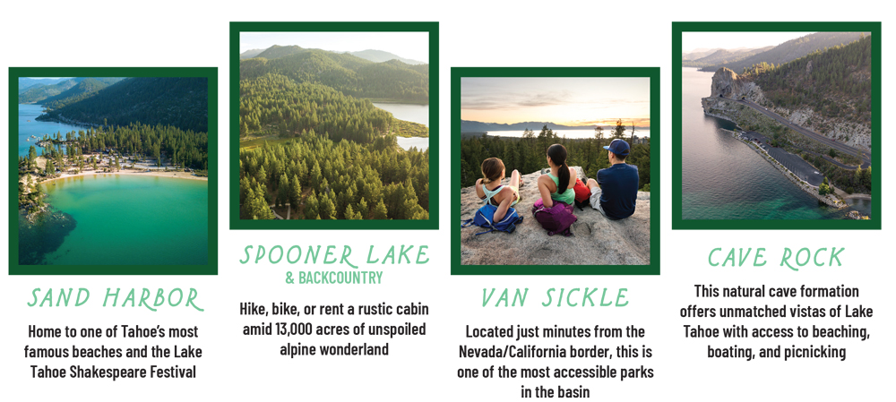 First: Shot of Sand Harbor State Park. Second: Aerial shot of Spooner Lake & Backcountry. Third: Three people sitting on a rock in Van Sickle Bistate Park. Fourth: Shot of Cave Rock State Park.