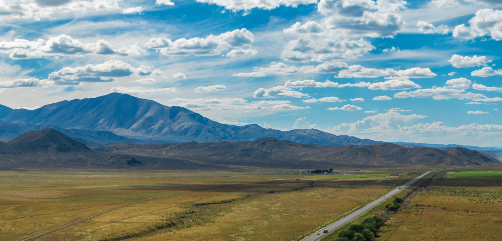 Aerial shot of Highway 50, aka the Loneliest Road in America, around Middlegate.