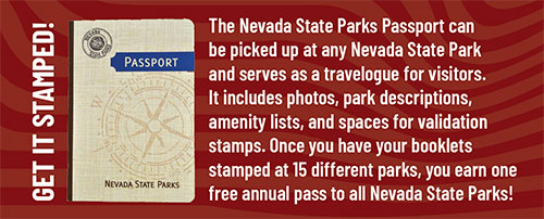 The Nevada State Parks Passport can be picked up at any Nevada State Park and serves as a travelogue for visitors. It includes photos, park descriptions, amenity lists, and spaces for validation stamps. Once you have your booklets stamped at 15 different parks, you earn one free annual pass to all Nevada State Parks!