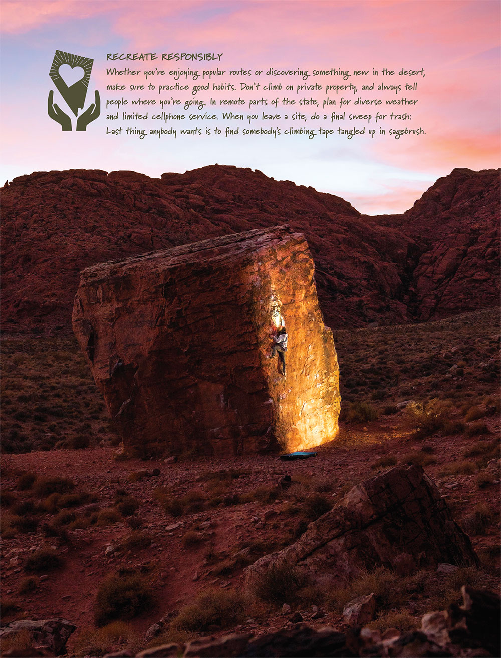 A rock climber scales a rock that looks like a cube in Red Rock Canyon.
