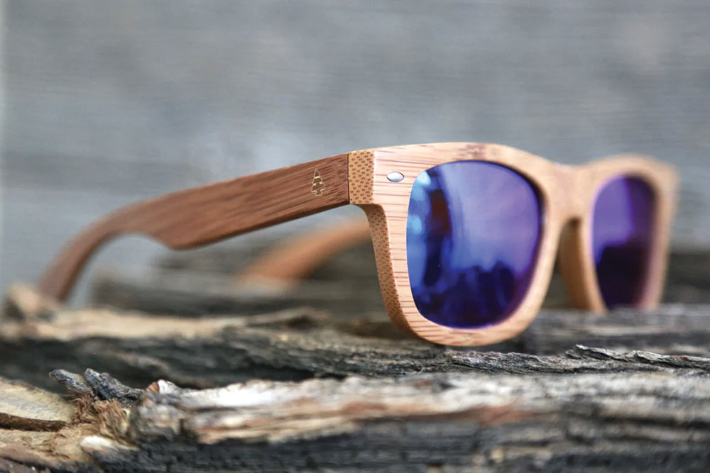 Tahoe Timber wooden sunglasses with blue tinted lenses