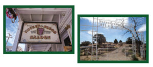 Left: Bucket of Blood Saloon sign. Right: Silver Terrace Cemetery in Virginia City.
