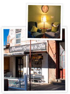 Top: Interior of Magnolia Gallery and Inn. Bottom: Exterior of Magnolia Gallery and Inn.
