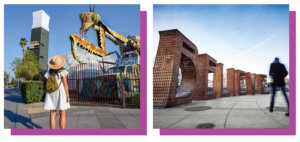 Right: Woman standing in front of a 55-foot mantis, which was Burning Man art, near downtown Las Vegas. Left: Person walking in front of the Believe sign in downtown Reno.