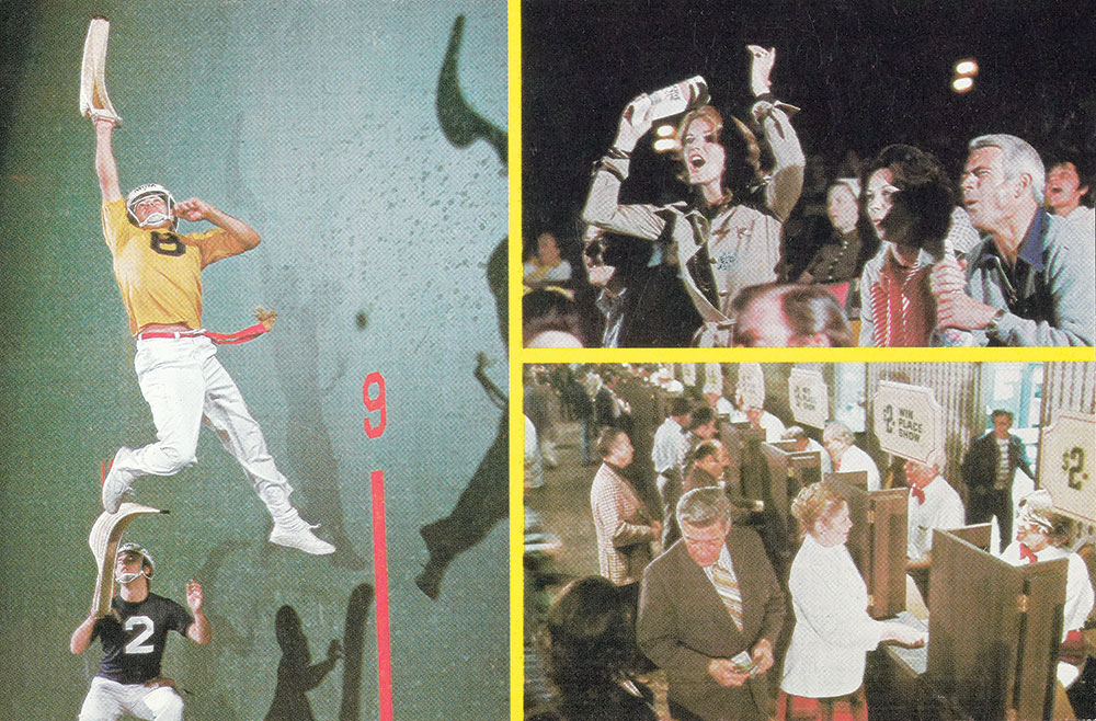 A vintage postcard split into 3 sections, showing a jai alai game, people in the stands reacting, and people placing bets.