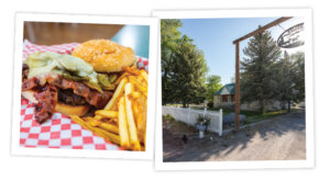 Burger from Historic Silver Cafe in Pioche (left); Pine Tree Inn in Panaca (right)