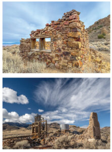 Top: Broken structure at Reveille. Bottom: Old mining equipment by Reveille.