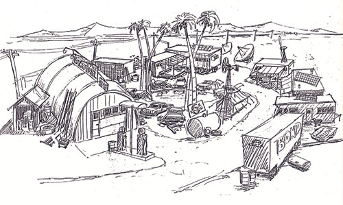 A production sketch of Snappy Tom's Burning-Man-like compound. ©Steve De Jarnatt