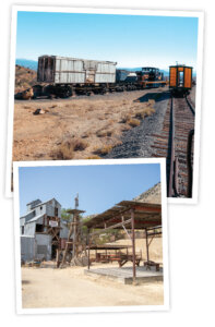 Top: Trains on the track at Virginia & Truckee Railroad.Bottom: Exterior of Comstock Gold Mill.