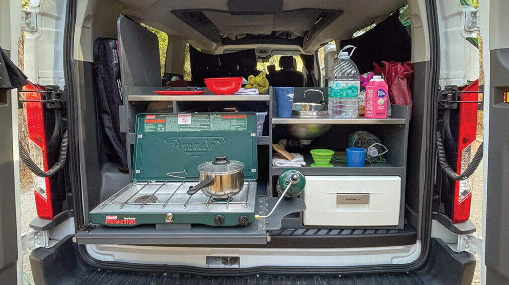 kitchen inside campervan rental at mt charleston