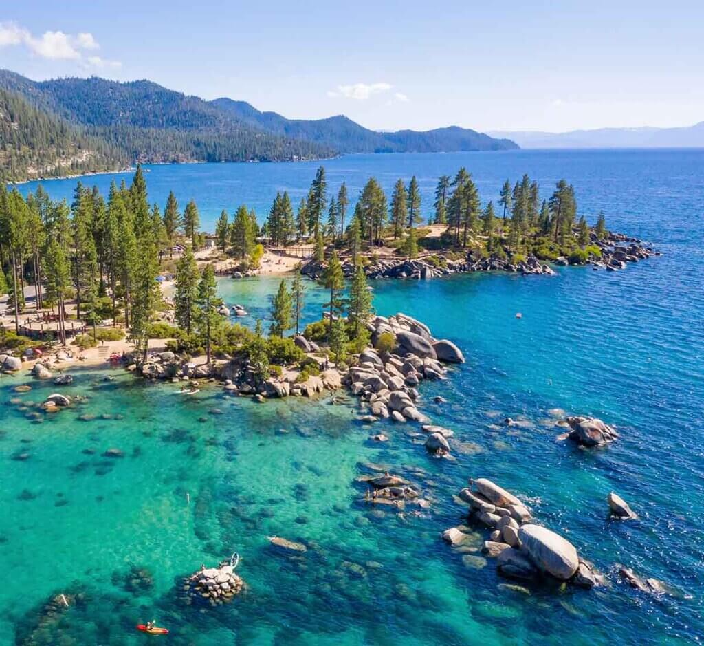 aerial view of lake tahoe sand harbor beach