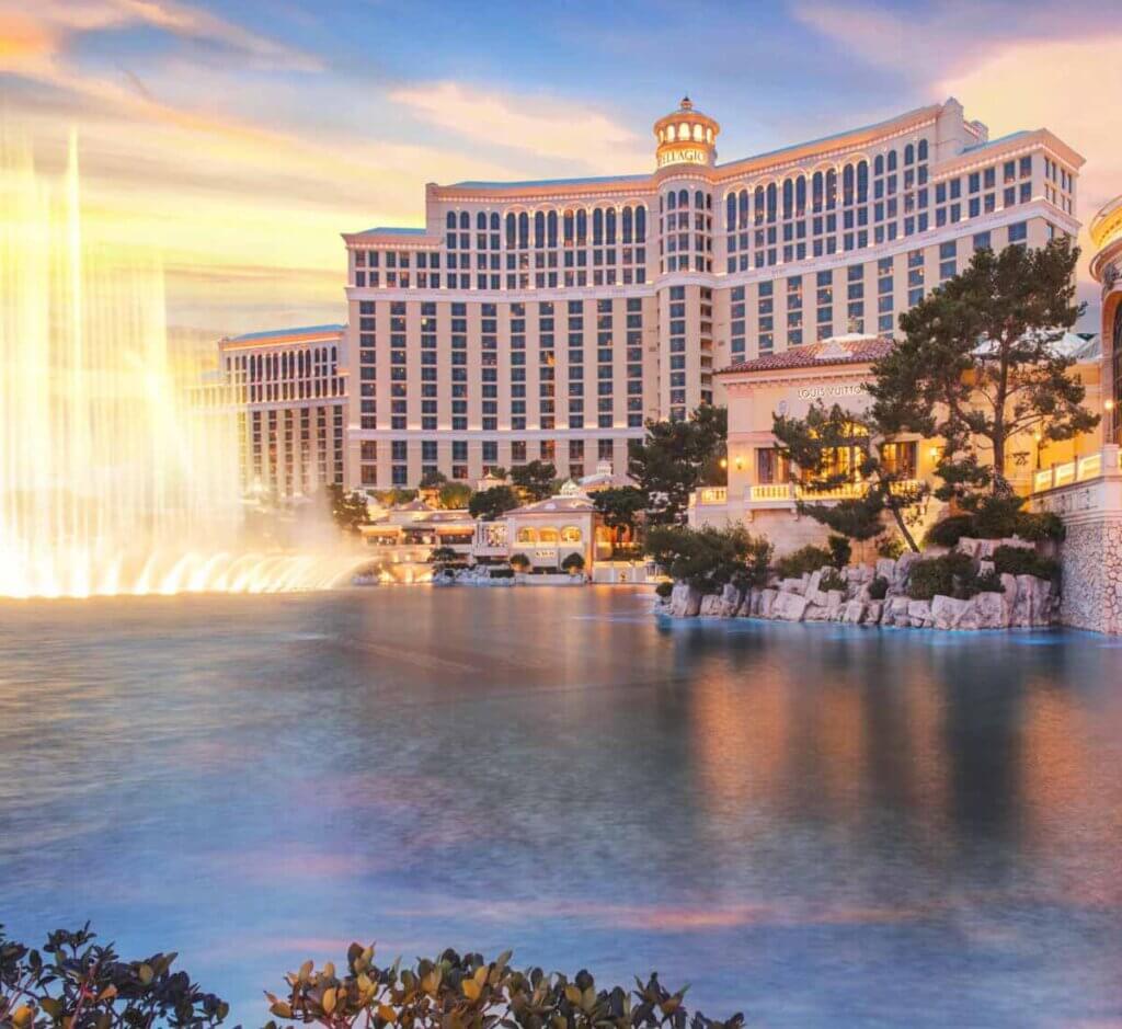 exterior view bellagio hotel and fountains