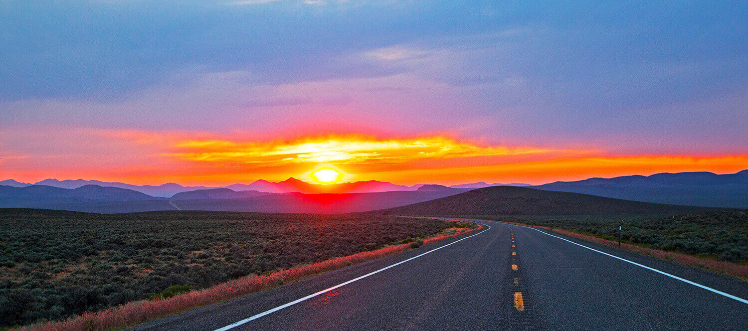 loneliest road in america at sunset