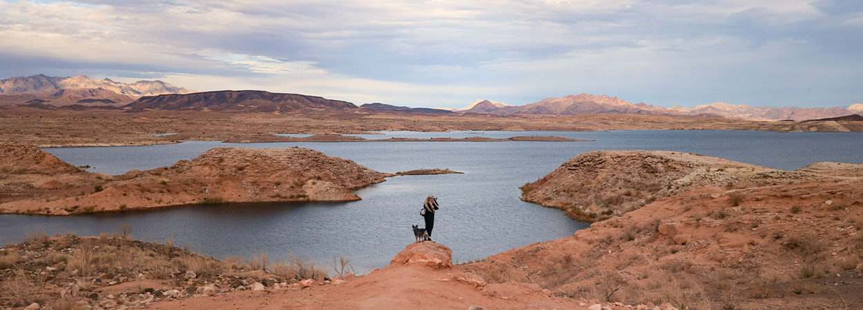 woman and dog at lake mead