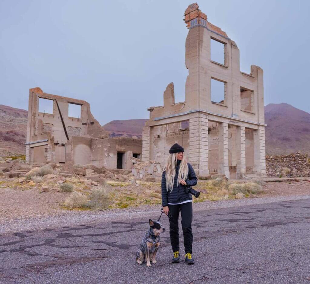 woman and dog at rhyolite ghost town
