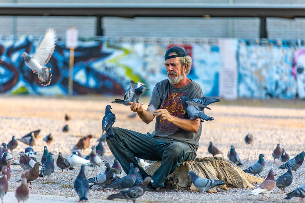 A man sits on a rock, with pigeons surrounding and landing on him.