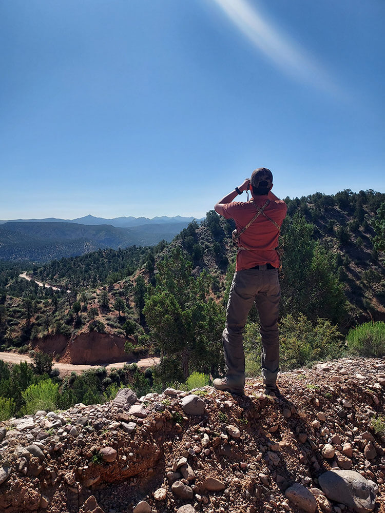 A person stands on a hillside, overlooking tree covered mountains, with presumably a camera or binoculars up to their face. Blue sky.