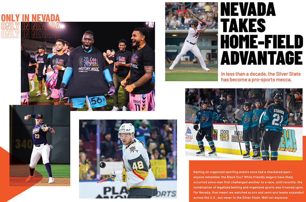 Soccer team, top left - Las Vegas Lights FC Raiko Arozarena and teammates celebrating playoff qualification ©Lucas Peltier; Baseball player, bottom left ©Las Vegas Aviators; Hockey player, bottom center ©Vegas Golden Knights; Baseball player, top right ©Reno Aces; Hockey players, bottom right ©Tahoe Knight Monsters