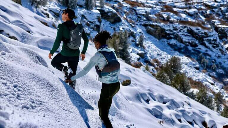 alex honnold and guest climbing snowy mountain angel lake in northern nevada