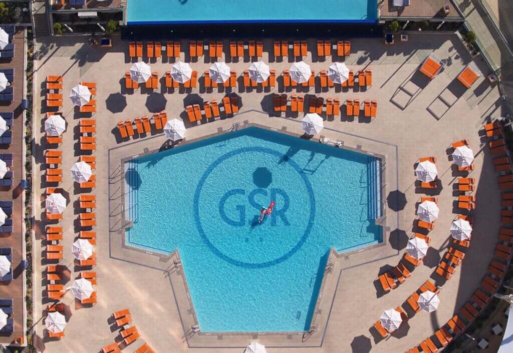 aerial view of pool and lounge chairs at the grand sierra resort in reno