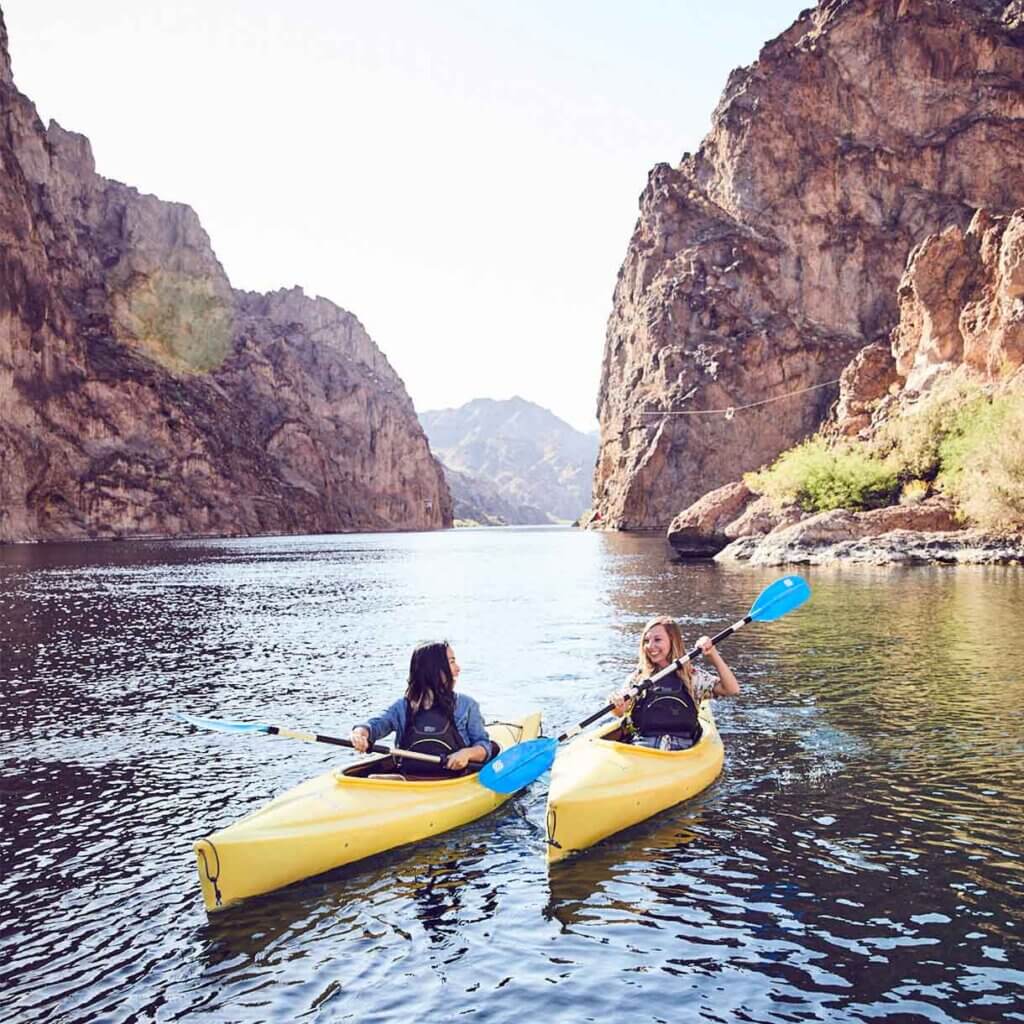 group kayaking the colorado river in southern nevada
