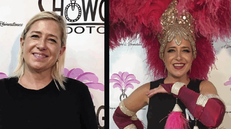 Two photos of the same woman show the before-and-after going through the Showgirl Bootcamp Experience