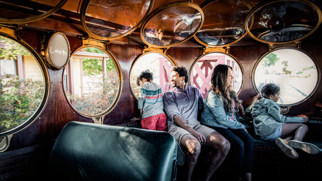 family on a historic train at nevada state railroad museum in carson city nevada