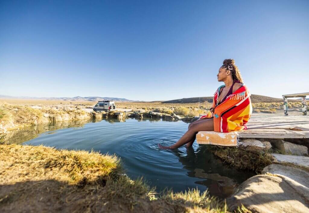 woman at spencer hot springs in nevada