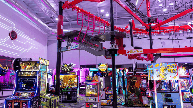 The inside of Spy Ninjas HQ with arcade games.