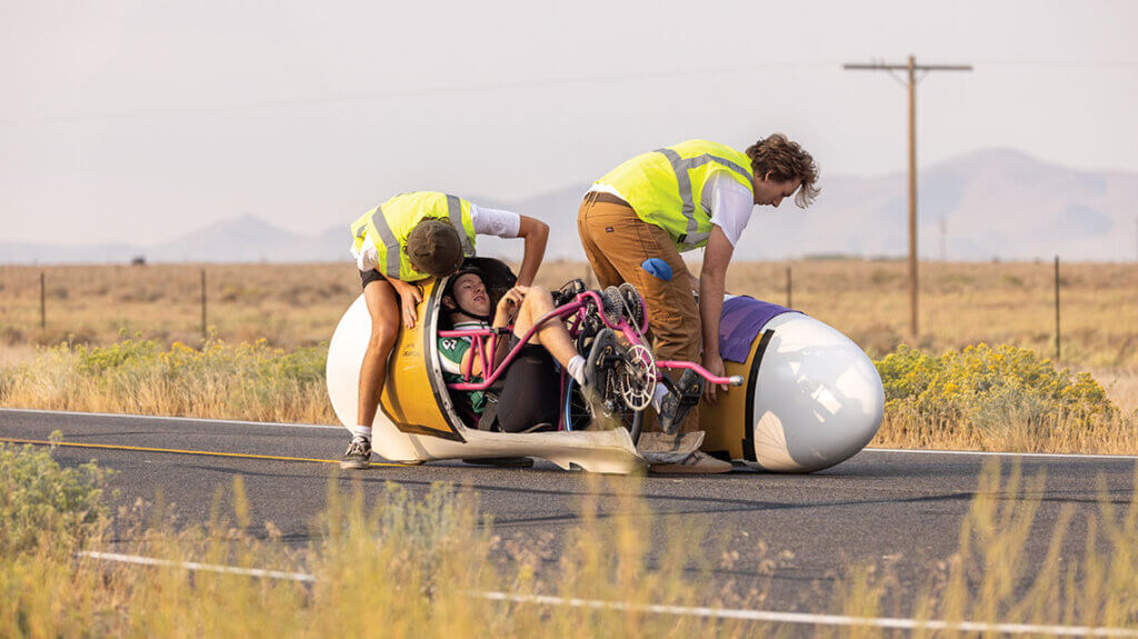 cyclist and crew at the world human powered speed challenge event in battle mountain nevada