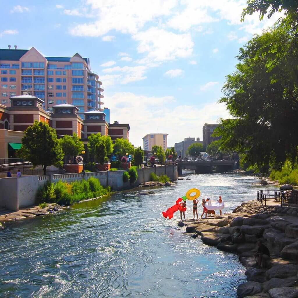 friends tubing at reno downtown riverwalk