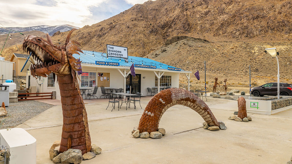 dragon sculpture outside the bighorn crossing at walker lake near hawthorne nevada