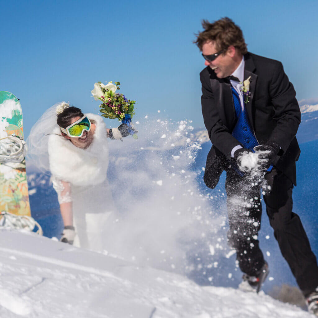 bride and groom on the slopes at south lake tahoe stateline nevada