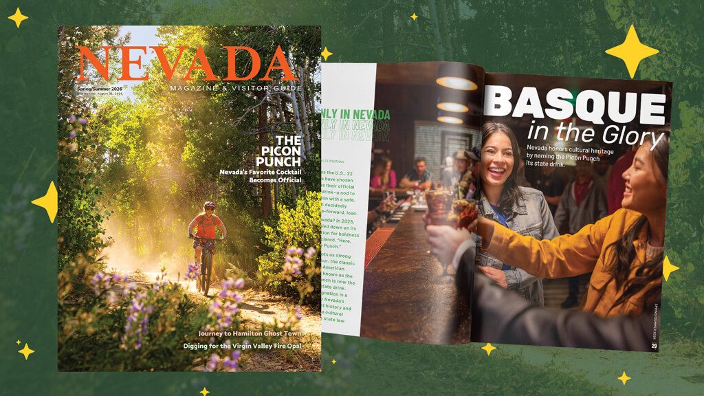 mountain biking on the cover of the spring summer 2026 issue of nevada magazine and visitor guide and story spread about the picon punch