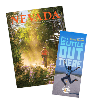 mountain biking on the cover of the spring summer 2026 issue of nevada magazine and visitor guide and nevada state map
