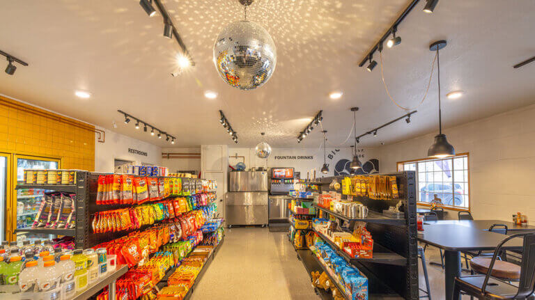 disco ball and racks of goods inside the bighorn crossing at walker lake near hawthorne nevada