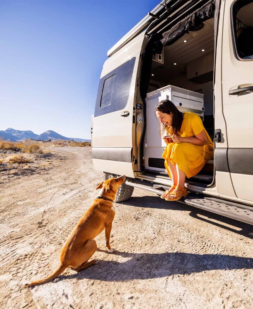woman van camping at spencers hot springs