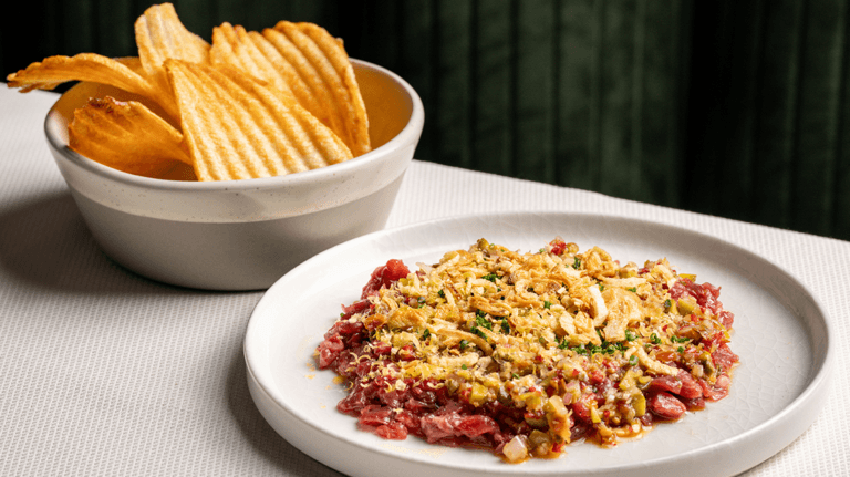 tartare and potato chips from high steaks vegas steakhouse in rio las vegas nevada
