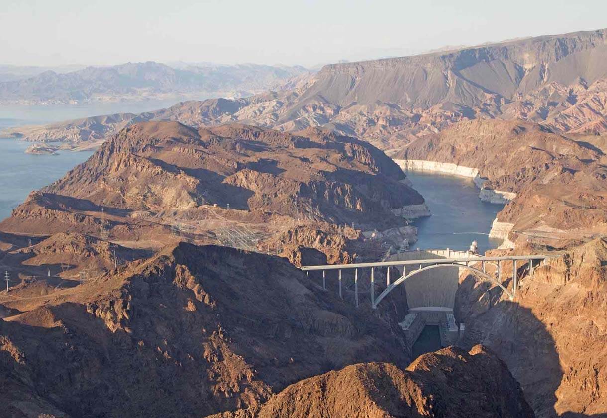 aerial view of hoover dam and memorial bridge
