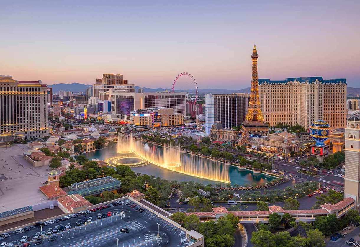 aerial view of the strip and casinos in las vegas